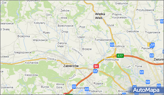 mapa Brzezie gmina Zabierzów, Brzezie gmina Zabierzów na mapie Targeo