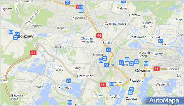 mapa Brzezinka gmina Oświęcim, Brzezinka gmina Oświęcim na mapie Targeo