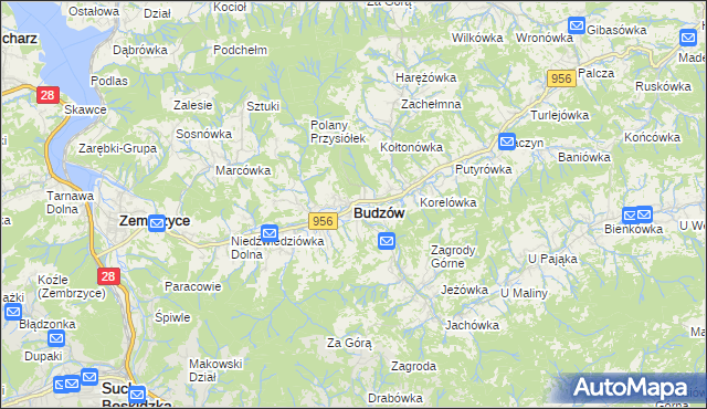 mapa Budzów powiat suski, Budzów powiat suski na mapie Targeo