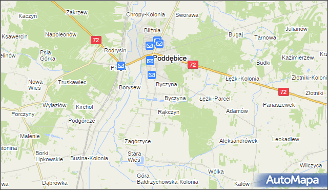 mapa Byczyna gmina Poddębice, Byczyna gmina Poddębice na mapie Targeo