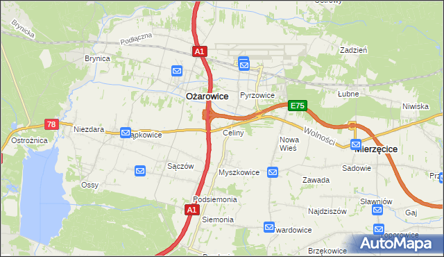 mapa Celiny gmina Ożarowice, Celiny gmina Ożarowice na mapie Targeo