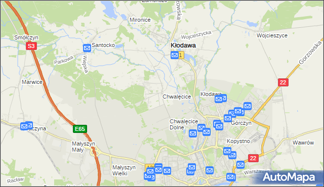 mapa Chwalęcice gmina Kłodawa, Chwalęcice gmina Kłodawa na mapie Targeo