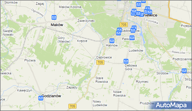 mapa Dąbrowice gmina Maków, Dąbrowice gmina Maków na mapie Targeo