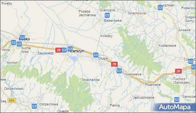 mapa Długie gmina Zarszyn, Długie gmina Zarszyn na mapie Targeo