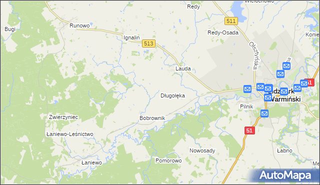 mapa Długołęka gmina Lidzbark Warmiński, Długołęka gmina Lidzbark Warmiński na mapie Targeo