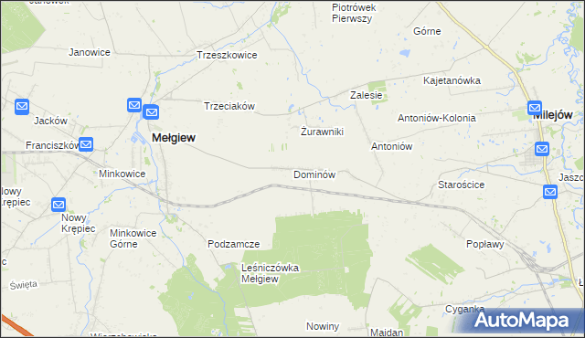 mapa Dominów gmina Mełgiew, Dominów gmina Mełgiew na mapie Targeo