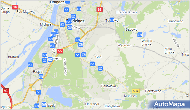 mapa Gać gmina Grudziądz, Gać gmina Grudziądz na mapie Targeo