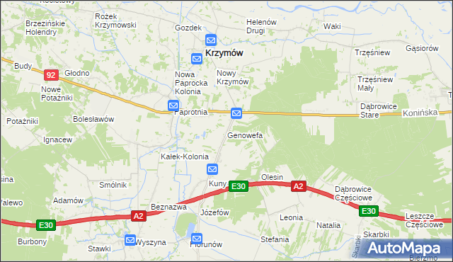 mapa Genowefa gmina Krzymów, Genowefa gmina Krzymów na mapie Targeo