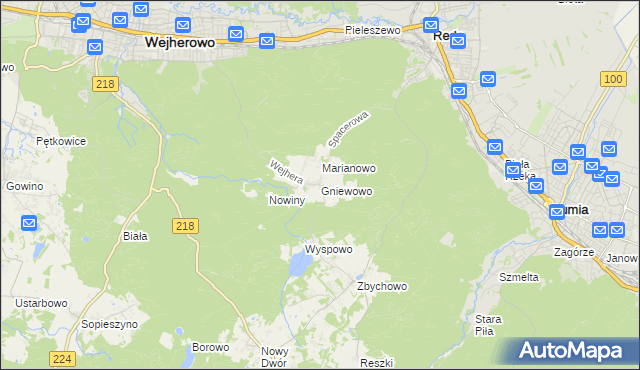 mapa Gniewowo gmina Wejherowo, Gniewowo gmina Wejherowo na mapie Targeo
