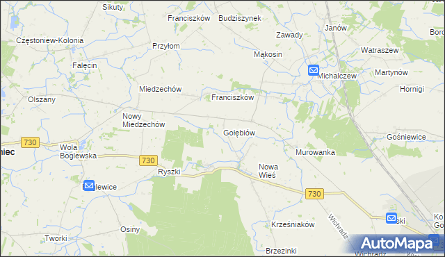 mapa Gołębiów gmina Jasieniec, Gołębiów gmina Jasieniec na mapie Targeo