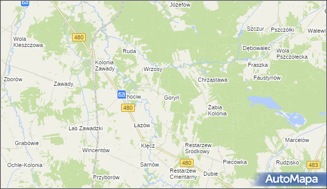 mapa Goryń gmina Widawa, Goryń gmina Widawa na mapie Targeo