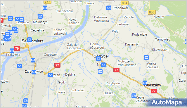 mapa Gorzyce powiat tarnobrzeski, Gorzyce powiat tarnobrzeski na mapie Targeo