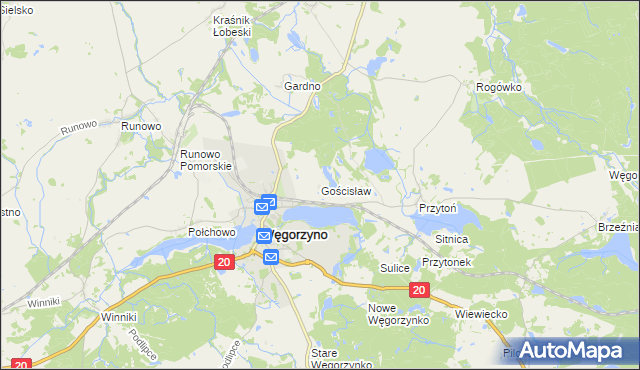 mapa Gościsław gmina Węgorzyno, Gościsław gmina Węgorzyno na mapie Targeo