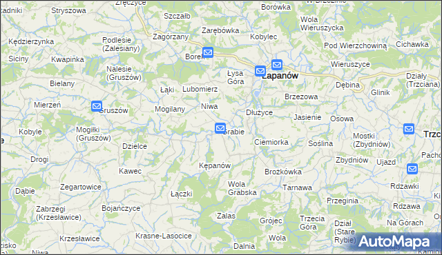 mapa Grabie gmina Łapanów, Grabie gmina Łapanów na mapie Targeo