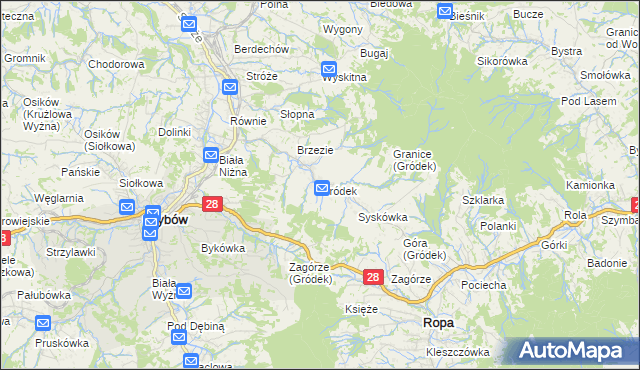 mapa Gródek gmina Grybów, Gródek gmina Grybów na mapie Targeo