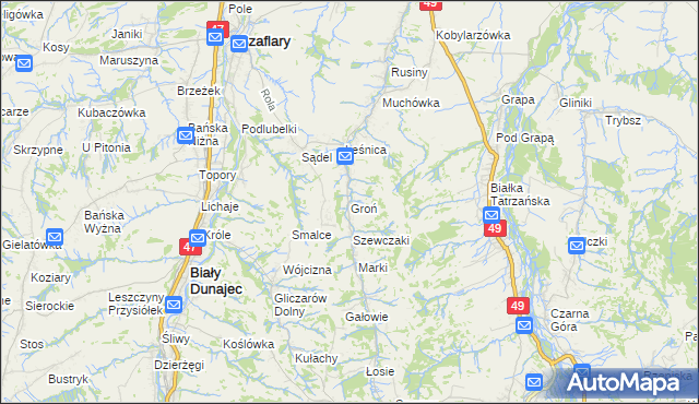 mapa Groń gmina Bukowina Tatrzańska, Groń gmina Bukowina Tatrzańska na mapie Targeo