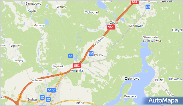 mapa Gryźliny gmina Stawiguda, Gryźliny gmina Stawiguda na mapie Targeo