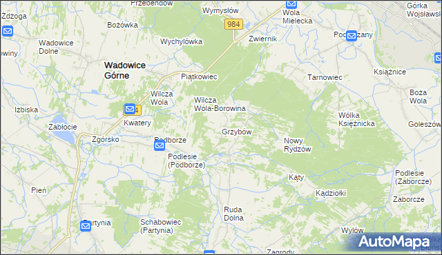 mapa Grzybów gmina Wadowice Górne, Grzybów gmina Wadowice Górne na mapie Targeo