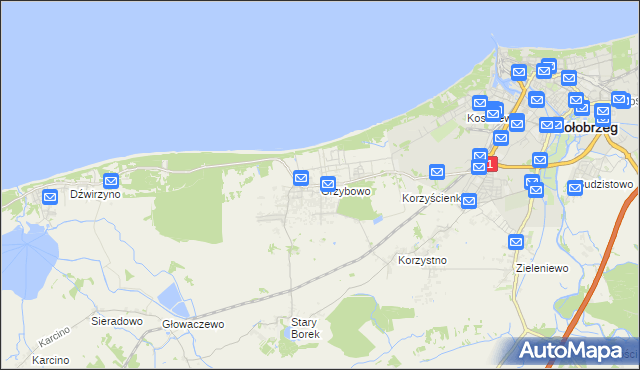 mapa Grzybowo gmina Kołobrzeg, Grzybowo gmina Kołobrzeg na mapie Targeo