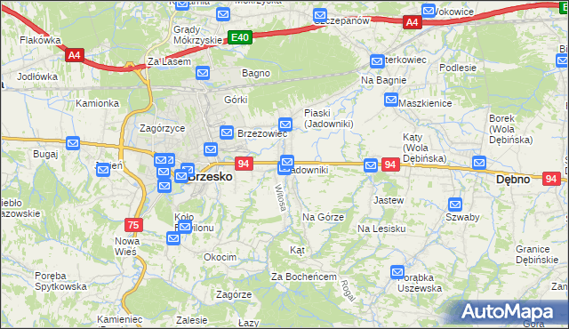mapa Jadowniki gmina Brzesko, Jadowniki gmina Brzesko na mapie Targeo