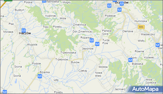 mapa Jasionów gmina Haczów, Jasionów gmina Haczów na mapie Targeo
