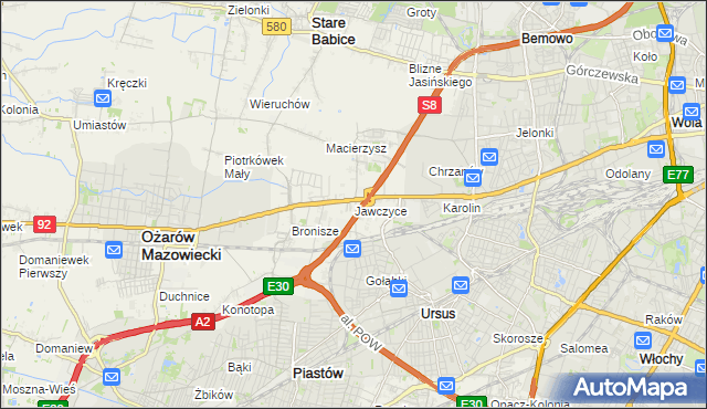 mapa Jawczyce gmina Ożarów Mazowiecki, Jawczyce gmina Ożarów Mazowiecki na mapie Targeo