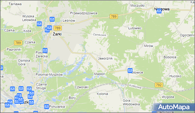mapa Jaworznik gmina Żarki, Jaworznik gmina Żarki na mapie Targeo