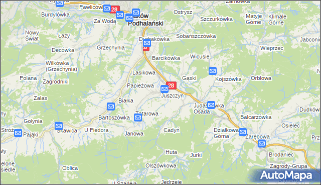 mapa Juszczyn gmina Maków Podhalański, Juszczyn gmina Maków Podhalański na mapie Targeo