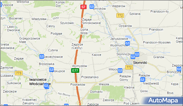 mapa Kacice gmina Słomniki, Kacice gmina Słomniki na mapie Targeo