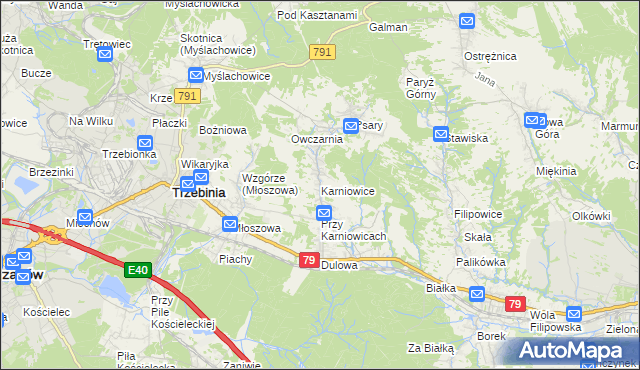 mapa Karniowice gmina Trzebinia, Karniowice gmina Trzebinia na mapie Targeo