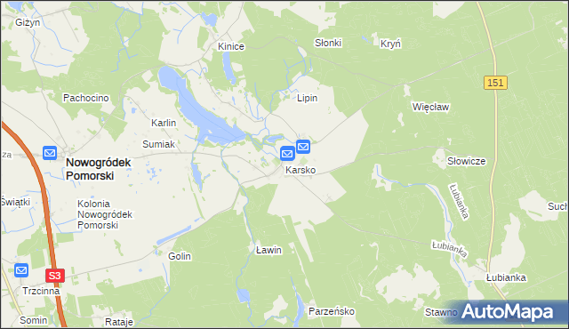 mapa Karsko gmina Nowogródek Pomorski, Karsko gmina Nowogródek Pomorski na mapie Targeo