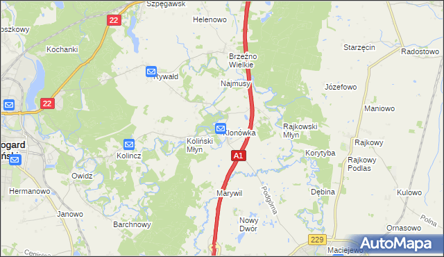 mapa Klonówka gmina Starogard Gdański, Klonówka gmina Starogard Gdański na mapie Targeo