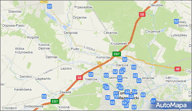 mapa Komorów gmina Tomaszów Mazowiecki, Komorów gmina Tomaszów Mazowiecki na mapie Targeo
