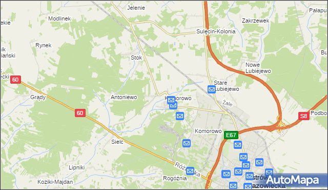 mapa Komorowo gmina Ostrów Mazowiecka, Komorowo gmina Ostrów Mazowiecka na mapie Targeo