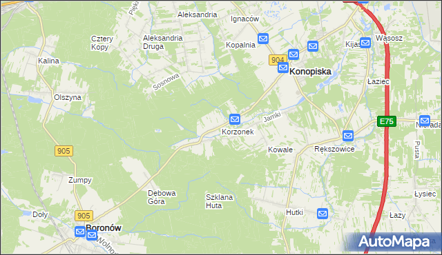 mapa Korzonek gmina Konopiska, Korzonek gmina Konopiska na mapie Targeo