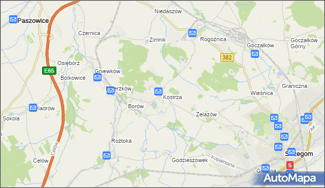 mapa Kostrza gmina Strzegom, Kostrza gmina Strzegom na mapie Targeo