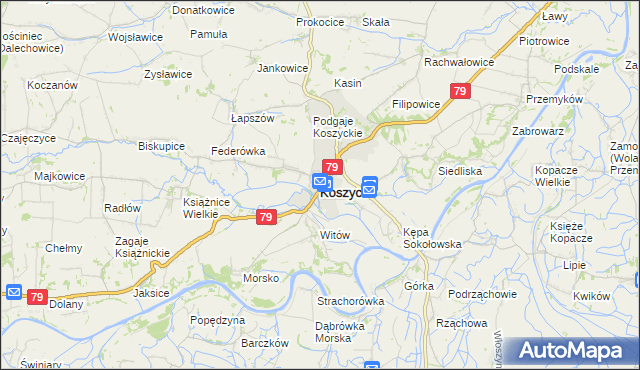 mapa Koszyce powiat proszowicki, Koszyce powiat proszowicki na mapie Targeo
