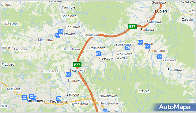 mapa Krzeczów gmina Lubień, Krzeczów gmina Lubień na mapie Targeo