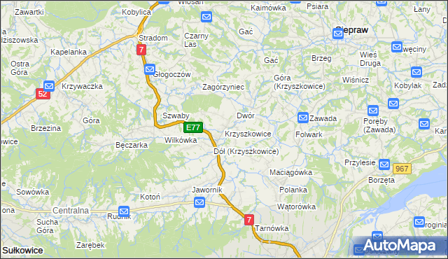mapa Krzyszkowice gmina Myślenice, Krzyszkowice gmina Myślenice na mapie Targeo