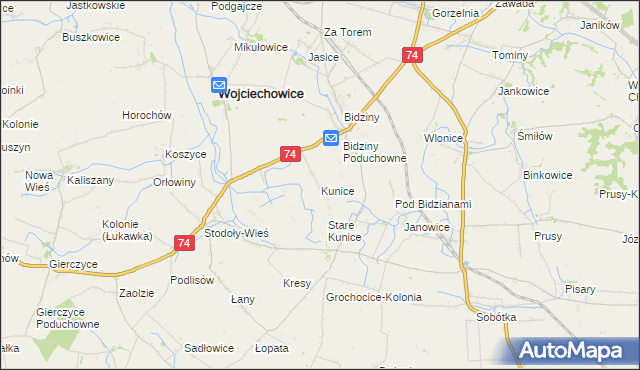 mapa Kunice gmina Wojciechowice, Kunice gmina Wojciechowice na mapie Targeo