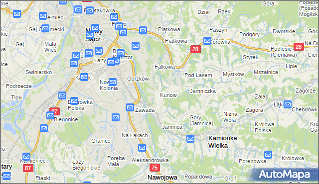 mapa Kunów gmina Chełmiec, Kunów gmina Chełmiec na mapie Targeo