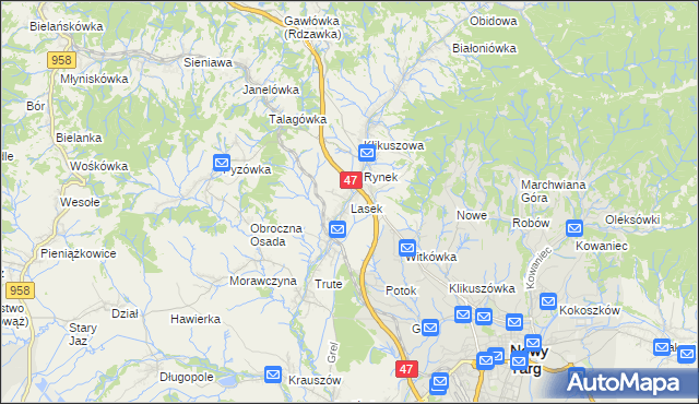 mapa Lasek gmina Nowy Targ, Lasek gmina Nowy Targ na mapie Targeo