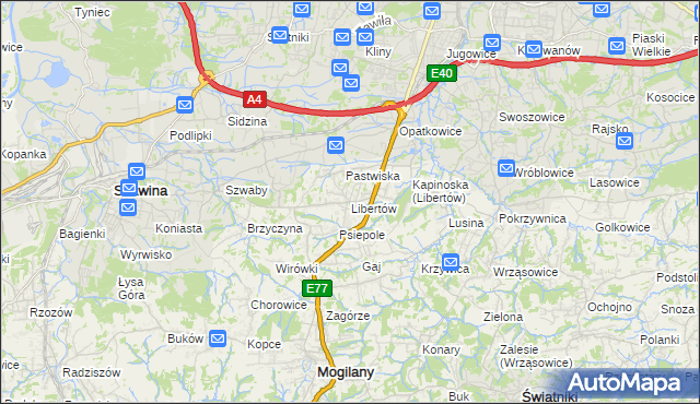 mapa Libertów gmina Mogilany, Libertów gmina Mogilany na mapie Targeo