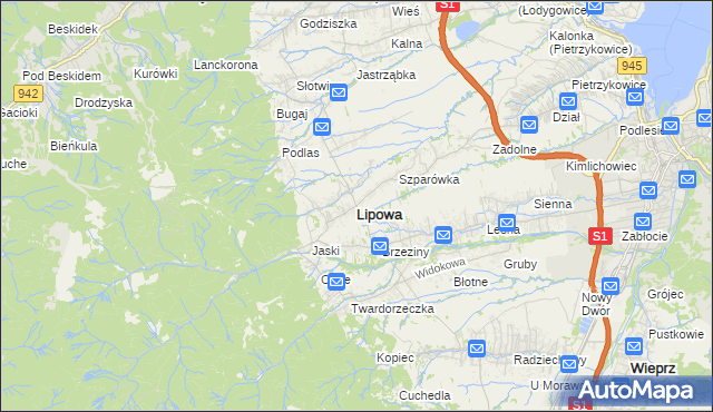 mapa Lipowa powiat żywiecki, Lipowa powiat żywiecki na mapie Targeo