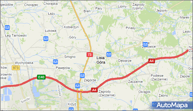 mapa Lisia Góra powiat tarnowski, Lisia Góra powiat tarnowski na mapie Targeo