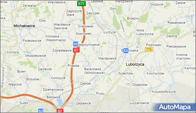 mapa Maciejowice gmina Kocmyrzów-Luborzyca, Maciejowice gmina Kocmyrzów-Luborzyca na mapie Targeo