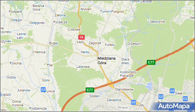mapa Miedziana Góra powiat kielecki, Miedziana Góra powiat kielecki na mapie Targeo