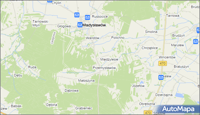 mapa Międzylesie gmina Władysławów, Międzylesie gmina Władysławów na mapie Targeo