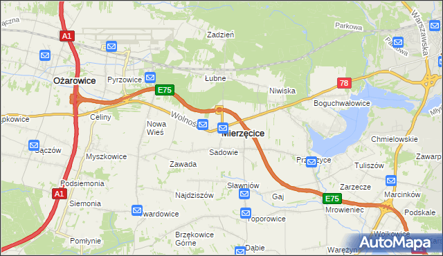 mapa Mierzęcice, Mierzęcice na mapie Targeo