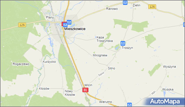 mapa Mirogniew gmina Mieszkowice, Mirogniew gmina Mieszkowice na mapie Targeo